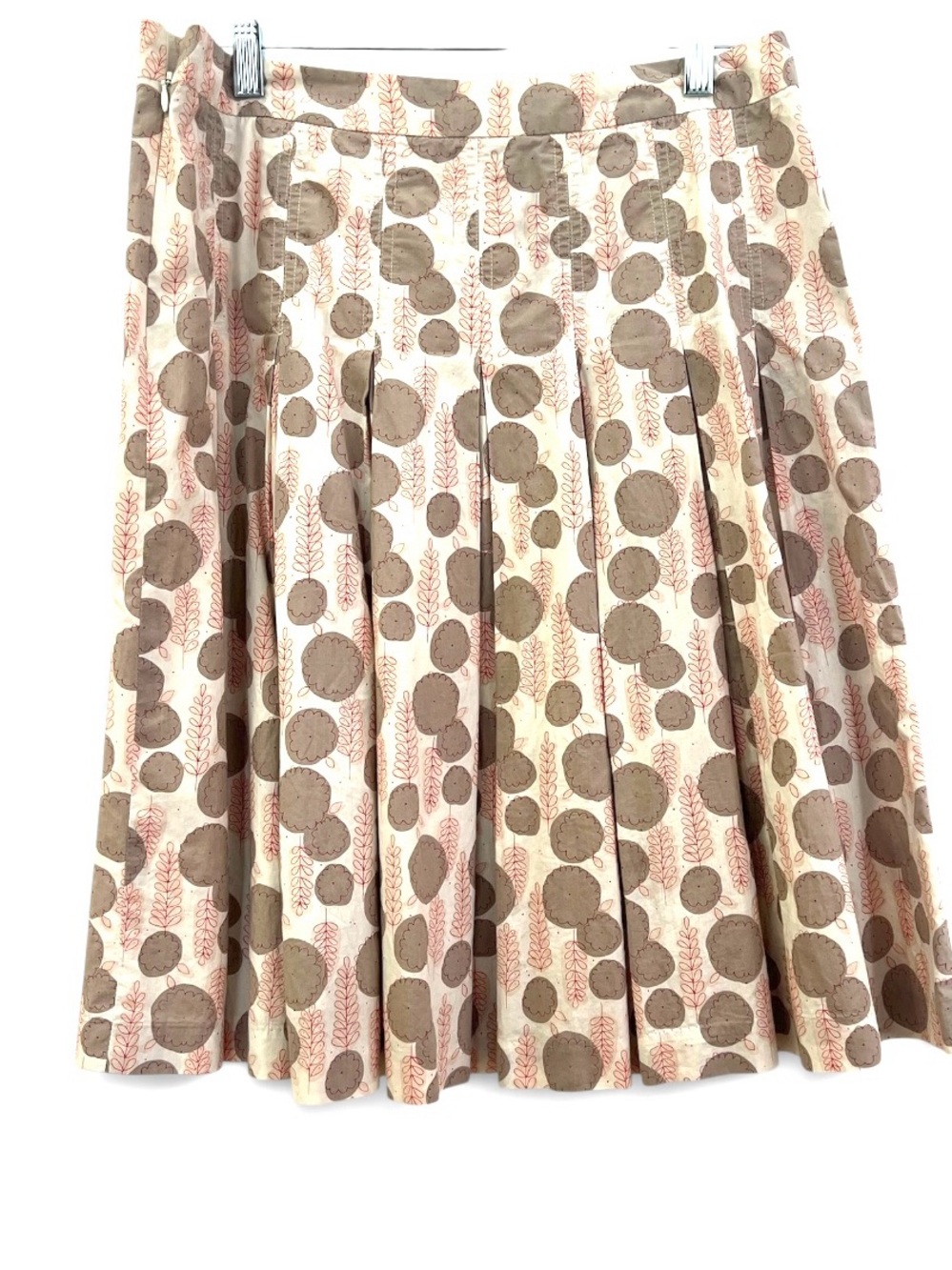 Cream A-Line Pleated Skirt with Brown & Pink Print